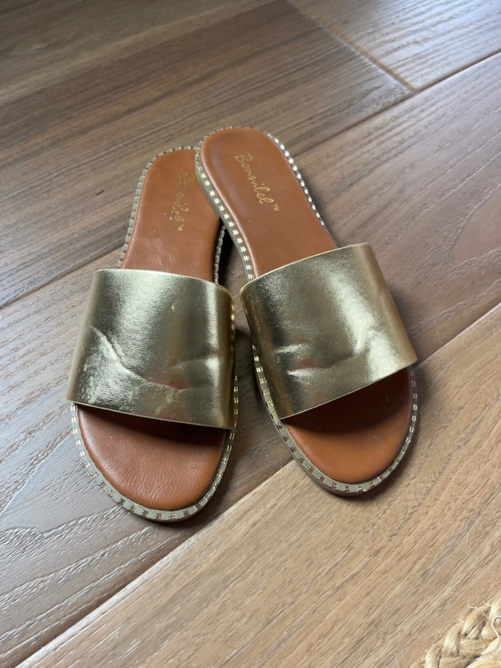 Metallic Gold Wide-Band Slide Sandals